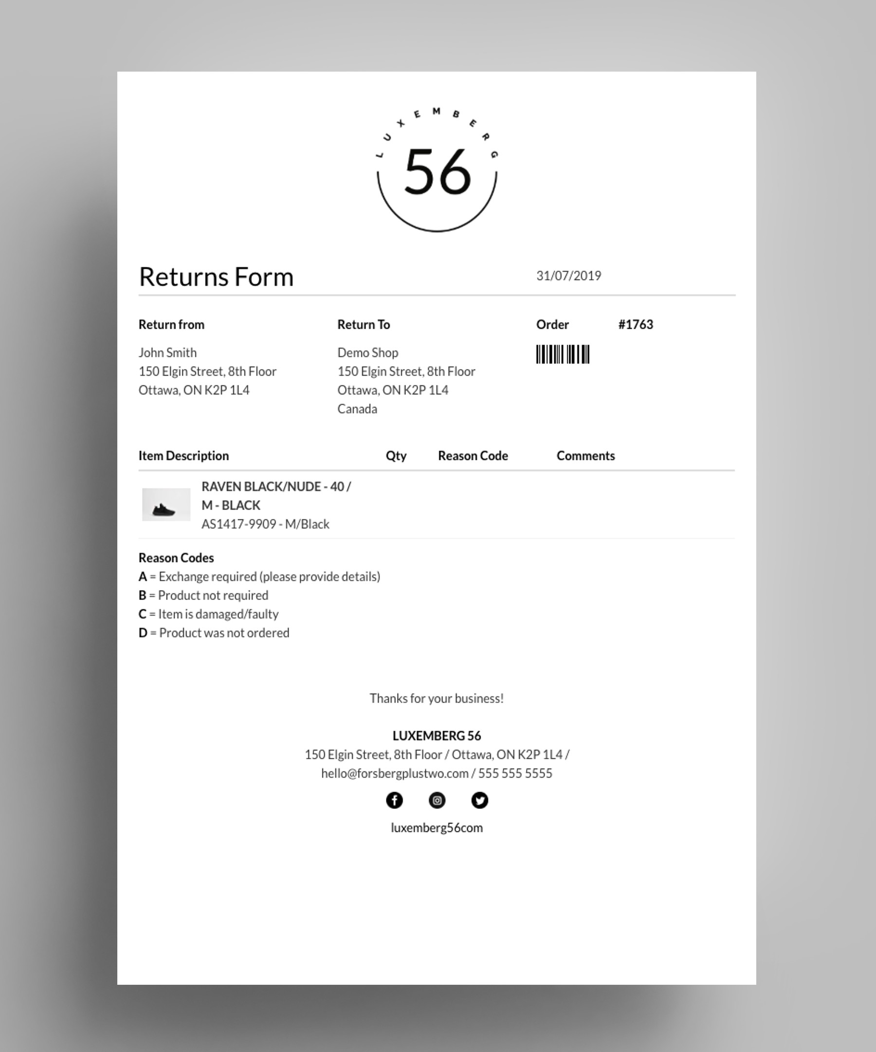 Simplified Returns Form Template for Shopify – Order Printer Templates